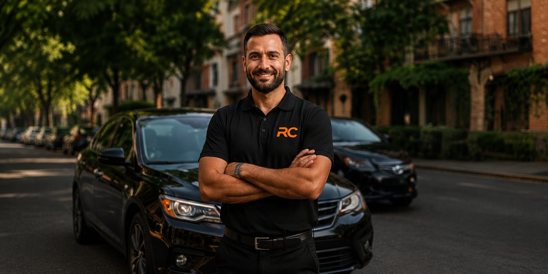 An independent RideCabby driver standing by their car