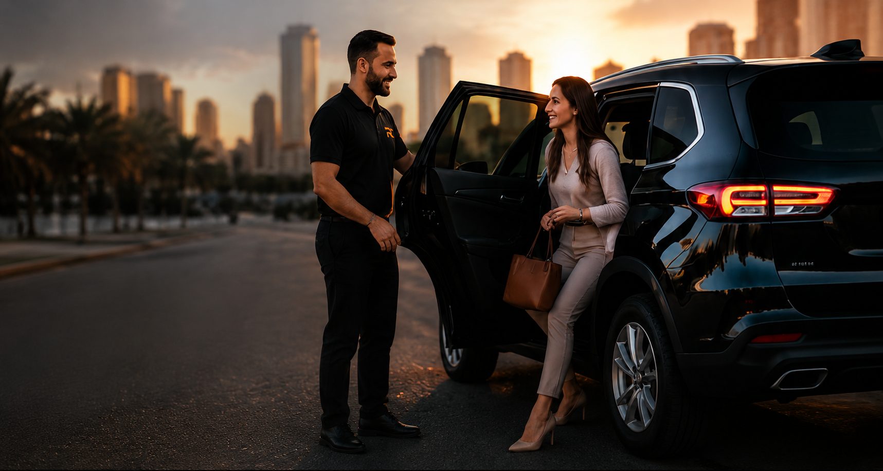 A driver greeting a rider at their car
